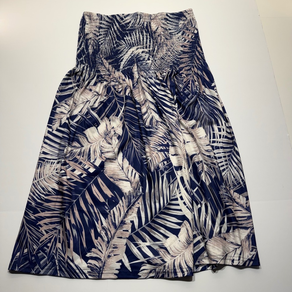 Tropical Palm Print Smocked Tube Top XL Navy Blue Cream Strapless Summer Bodice